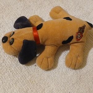 Tan Plush Dog Toy with Black Mask and Red Collar